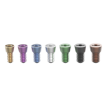 Eight colored screws in a row: gold, purple, blue, silver, green, black, and bronze finishes.