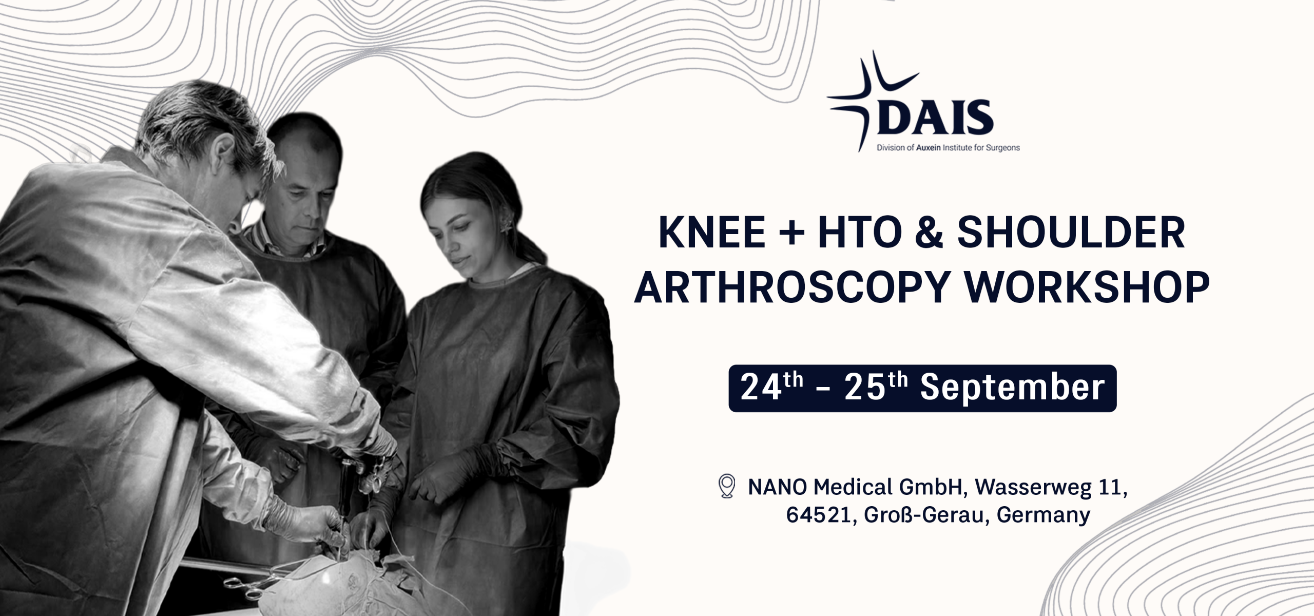 Promotional banner for a knee, HTO and shoulder arthroscopy workshop with medical professionals performing a procedure on the left and event details on the right.