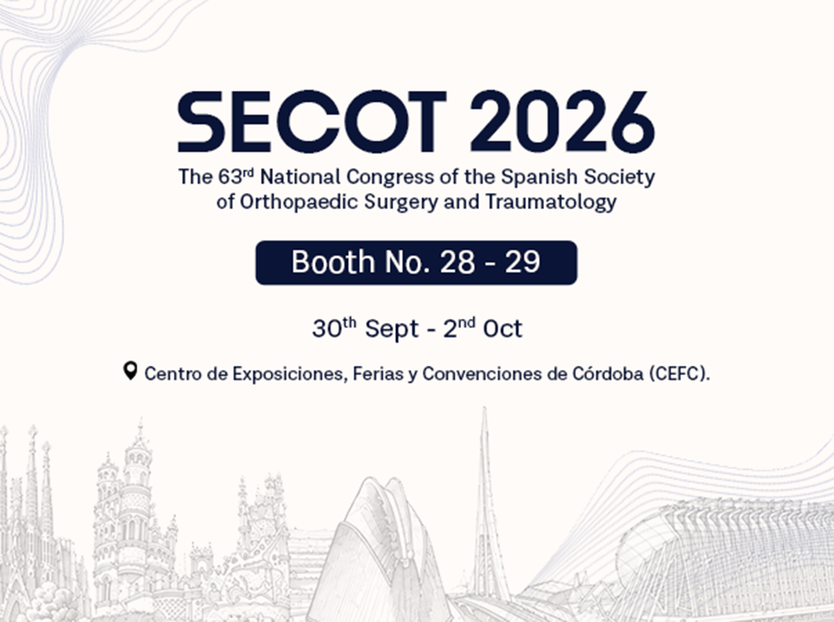Poster for SECOT 2026: 63rd National Congress of the Spanish Society of Orthopaedic Surgery and Traumatology; Booth No. 28–29 in Córdoba, Sept 30–Oct 2.
