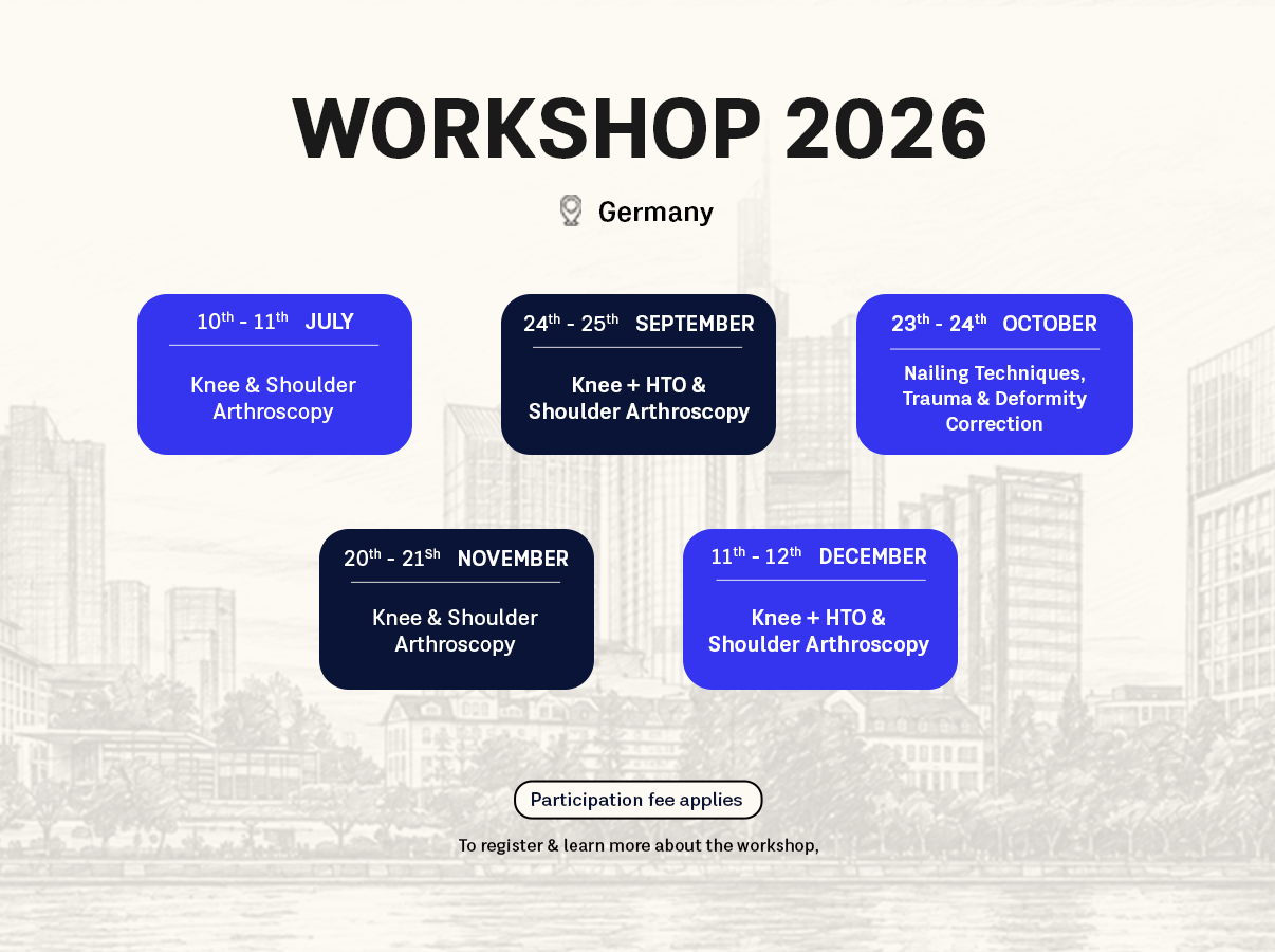 Workshop 2026 schedule with five rounded cards showing dates and knee and shoulder arthroscopy topics on a pale cityscape background.